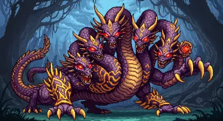 A fierce five-headed hydra with glowing red eyes and golden accents stands in a dark, enchanted forest in this 4K Ultra HD magical creature desktop wallpaper.
