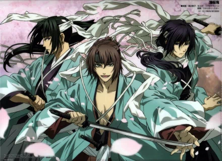 HD anime desktop wallpaper featuring three characters from Hakuouki Shinsengumi Kitan, dressed in traditional attire with swords drawn amidst falling cherry blossoms.