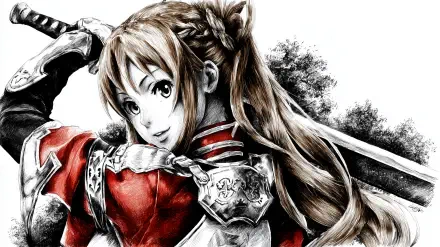HD manga-style PC desktop wallpaper of Asuna Yuuki from Sword Art Online, featuring detailed white and red anime art with her wielding a sword.