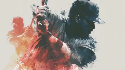 Artistic HD desktop wallpaper of a baseball player mid-swing, blending dynamic brush strokes with a vivid sports theme.