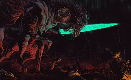 HD PC desktop wallpaper depicting Ludwig from Bloodborne by FromSoftware, featuring a dark, intense battle scene with glowing sword and monstrous figure.
