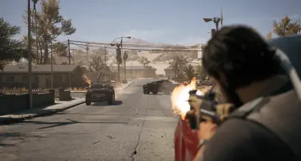HD PC desktop wallpaper from the video game MindsEye, depicting an intense desert street firefight with a character shooting at vehicles.