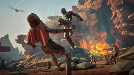 4K Ultra HD PC wallpaper from the video game Dune: Awakening, featuring an intense mid-air kick amid a rocky desert battle scene with explosions.
