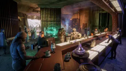 A detailed 4K Ultra HD PC wallpaper depicting a lively tavern scene from the video game Dune: Awakening with characters gathered around the bar.