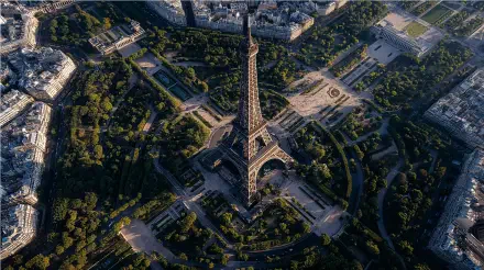 Aerial view of the Eiffel Tower surrounded by Parisian streets and greenery, captured in stunning detail for a 4K Ultra HD PC desktop wallpaper.