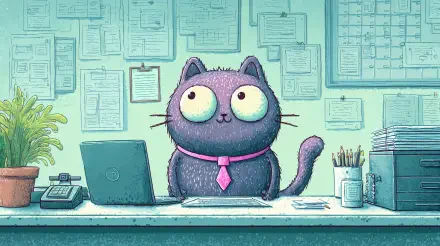 4K Ultra HD PC desktop wallpaper featuring a cute cartoon cat wearing a pink tie, sitting behind an office desk with papers and a laptop, surrounded by documents.