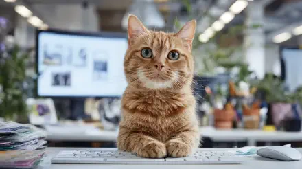 A close-up 4K Ultra HD desktop wallpaper of an orange tabby cat sitting on a keyboard with a blurred office background.