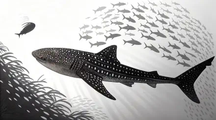 A detailed 4K Ultra HD PC desktop wallpaper featuring a whale shark swimming among schools of fish in a monochromatic underwater scene.