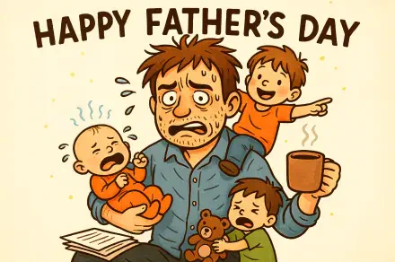 4K Ultra HD Father's Day desktop wallpaper showing a stressed man holding a crying baby, a toddler clutching a teddy bear, and an excited child pointing, with Happy Father's Day text above.