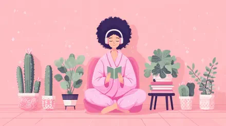 4K Ultra HD wallpaper of a woman in pink loungewear meditating with headphones, surrounded by potted plants against a soft pink background, evoking self-care and calm.