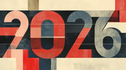 HD PC desktop wallpaper featuring vintage-style typography with bold, overlapping numbers forming 2026 in a muted color palette.