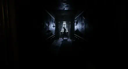 HD PC desktop wallpaper from the video game The Dark Occult, depicting a dark, eerie hallway with a silhouetted figure at the end.