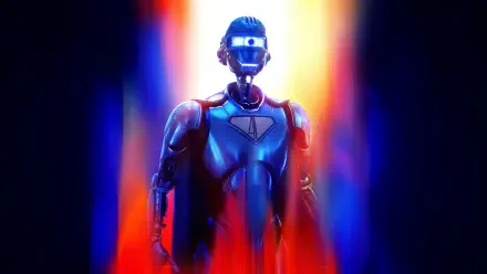 Futuristic armored Superman (2025) helmeted figure bathed in red, blue and yellow beams — 5K Ultra HD PC desktop wallpaper and background with a chrome superhero silhouette.
