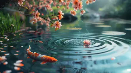 HD desktop wallpaper featuring vibrant koi fish swimming beneath delicate blossom petals and water drops creating ripples on a serene pond.