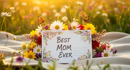 A vibrant 4K Ultra HD desktop wallpaper featuring a Best Mom Ever card surrounded by colorful wildflowers and butterflies in a sunlit meadow.