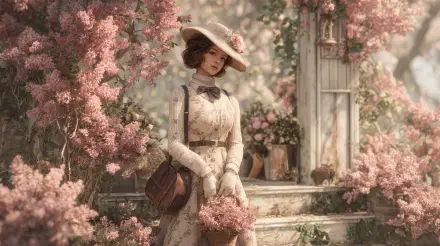 A vintage spring scene featuring a woman in period attire holding flowers, surrounded by blooming pink blossoms, rendered in 4K Ultra HD for PC desktop wallpaper.