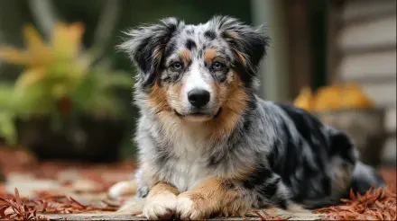 4K Ultra HD PC desktop wallpaper featuring a calm Australian Shepherd dog lying on the ground surrounded by autumn leaves, showcasing its distinctive tricolor coat.