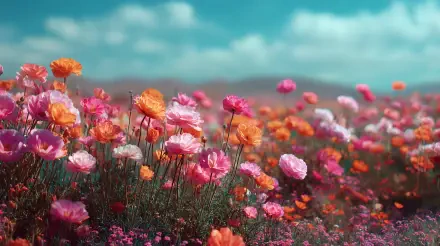A vibrant spring field of blooming pink and orange flowers under a bright blue sky, captured in stunning 4K Ultra HD for a PC desktop wallpaper background.