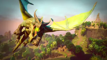 HD PC desktop wallpaper from the video game RuneScape: Dragonwilds, featuring a fierce green dragon flying over a lush forest and ancient ruins.