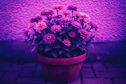 A vibrant flower pot with blooming pink flowers against a textured wall, captured in 4K Ultra HD for PC desktop wallpaper and background.