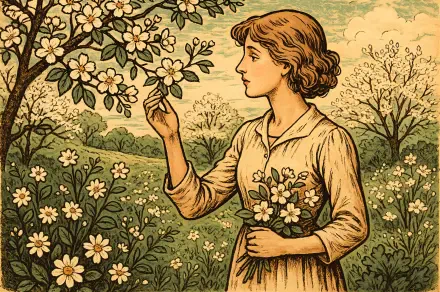 Vintage spring illustration of a woman gathering flowers in a blossoming orchard, rendered as a 4K Ultra HD PC desktop wallpaper and background.