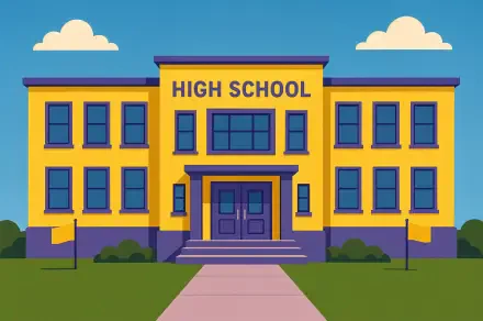 Illustration of a bright yellow high school building under a blue sky, designed as a 4K Ultra HD PC desktop wallpaper and background.
