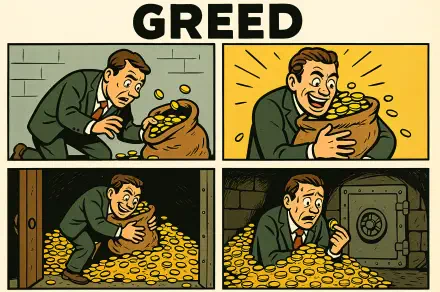 A 4K Ultra HD desktop wallpaper illustrating greed with four cartoon panels of a man obsessively clutching and guarding a large bag of gold coins.