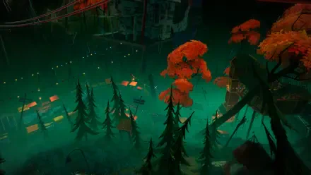 4K Ultra HD PC desktop wallpaper showcasing a dark, eerie forest scene from the video game Hello Neighbor, with glowing lights and autumn-colored trees.