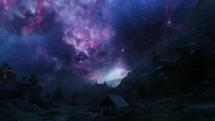 HD PC desktop wallpaper showcasing a starry night sky with vibrant nebulae over a mountainous gaming environment from The Elder Scrolls V: Skyrim.