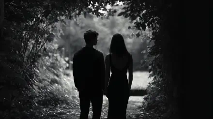 Silhouetted couple walking hand in hand through a leafy tunnel, symbolizing engagement and fiance, captured in stunning 4K Ultra HD PC desktop wallpaper quality.