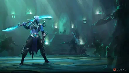 4K Ultra HD wallpaper featuring Phantom Assassin, the dark elf character from the video game DotA 2, standing ready in a dimly lit, eerie environment.
