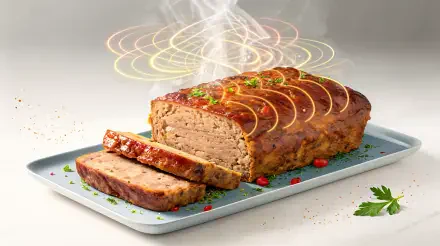 4K Ultra HD PC desktop wallpaper of a freshly baked meatloaf on a blue tray, garnished with herbs and sliced, emitting steam with decorative light swirls above.