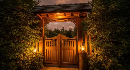Wooden gate illuminated by warm lantern light, framed by dense greenery under a twilight sky, captured in 4K Ultra HD for a stunning PC desktop wallpaper.