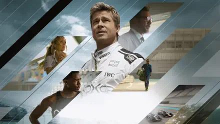 F1 (2025) 4K Ultra HD PC desktop wallpaper featuring dynamic layered portraits of drivers and racing scenes in a sleek, modern design.