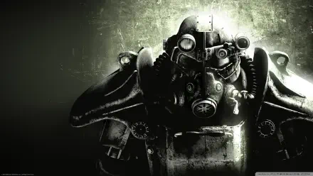 HD PC desktop wallpaper featuring a detailed close-up of a power armored figure from Fallout 3 against a textured, muted green background.