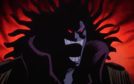 HD anime desktop wallpaper featuring Rocks D. Xebec from One Piece with a dark, menacing silhouette and glowing red eyes against a fiery red background.