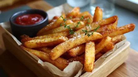 Close-up of golden, crispy French fries sprinkled with herbs and served with a side of ketchup, showcased as a 4K Ultra HD PC desktop wallpaper of comfort food.