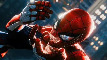 Close-up of Spider-Man from Marvel's Spider-Man video game in dynamic pose, rendered in 4K Ultra HD for PC desktop wallpaper and background.