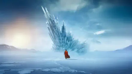 Superman (2025) movie wallpaper in 8K Ultra HD, featuring Superman standing before a towering crystalline structure in a vast icy landscape.