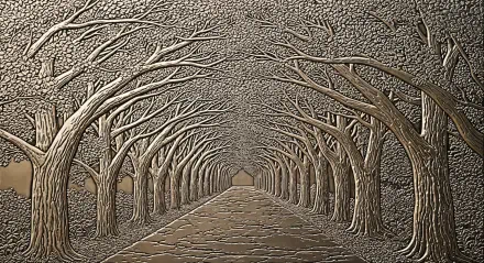 4K Ultra HD PC desktop wallpaper showing an artistic tree tunnel with bare branches arching over a cobblestone path, creating an intricate and textured natural corridor.