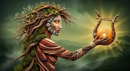 4K Ultra HD PC desktop wallpaper of a mystical bard figure with natural elements, holding a glowing lyre against a serene, misty landscape background.