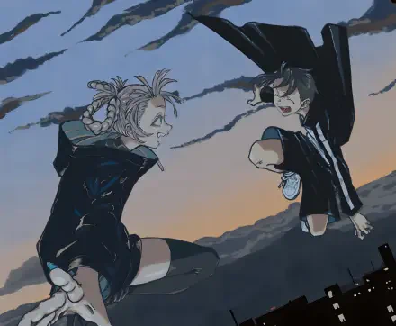 Anime-style 4K Ultra HD wallpaper featuring Nazuna Nanakusa and Kou Yamori from Call of the Night against a dusky sky background.