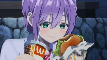 HD PC desktop wallpaper featuring Hiro Segawa from the anime A Couple of Cuckoos, holding a burger and drink with a gentle smile.