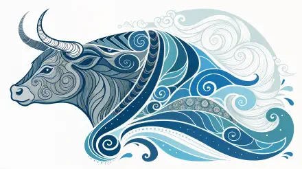 A detailed, swirling blue and gray Taurus bull illustration, designed as a 4K Ultra HD astrology-themed desktop wallpaper and background.