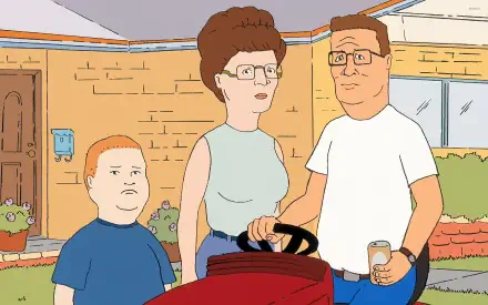 HD PC desktop wallpaper featuring the Hill family—Bobby, Peggy, and Hank—from the TV show King Of The Hill standing outdoors in front of their house.