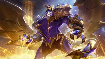 Epic 8K Ultra HD wallpaper of Galio from League of Legends, showcasing the armored hero with glowing blue crystals and powerful wings in a dynamic pose.