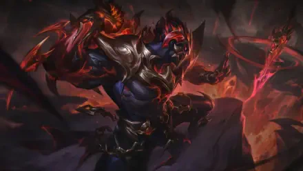 Dark, fiery 8K Ultra HD desktop wallpaper featuring Shen from League of Legends, showcasing his armored, shadowy form in a dynamic battle pose.