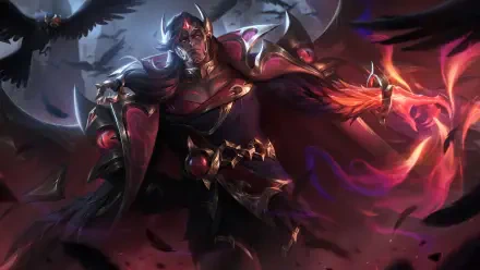 8K Ultra HD wallpaper featuring Swain from League of Legends, showcasing his dark, commanding presence with red and black armor in a dramatic fantasy setting.