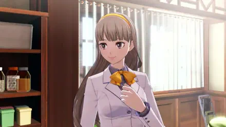 HD PC desktop wallpaper featuring a character from the video game Digimon Story: Time Stranger in a bright, softly lit room.