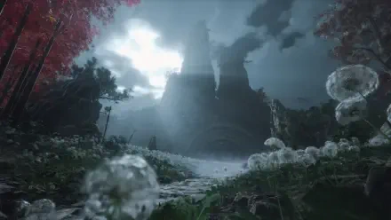 HD PC desktop wallpaper from the video game Wuchang: Fallen Feathers, showcasing a misty, atmospheric gaming environment with towering structures and detailed natural elements.